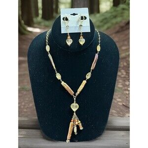 Y2K Citrine Hearts/Carvings Fresh Water Pearls Gold Tone Necklace Earring Set